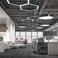 Modern Public Office Interior With Open Workstations Ergonomic Chairs And Hexagonal Ceiling Lights