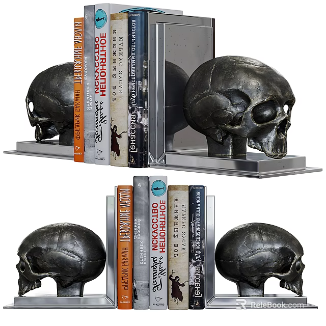 Stylish Books Arranged With Decorative Skull Bookends On Home Shelf Decor 3d model 