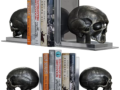 Stylish Books Arranged With Decorative Skull Bookends On Home Shelf Decor 3d model