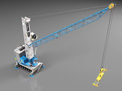 Industrial Equipment Heavy Duty Crane With Blue Boom White Tower And Yellow Hook 3d model