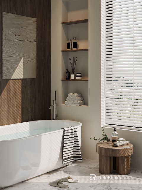 Modern Bathroom Interior Design With Freestanding Bathtub And Striped Towel 3d model 