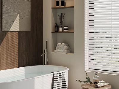Modern Bathroom Interior Design With Freestanding Bathtub And Striped Towel 3d model