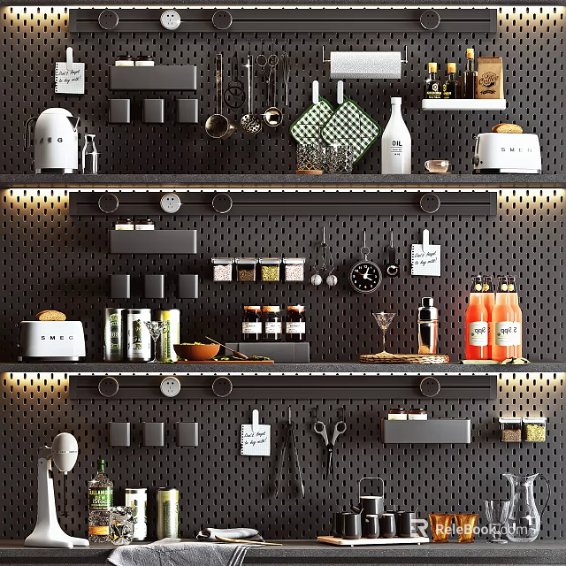 Organized Kitchenware On Black Shelves With Jars Bottles Knives Spoons Labels Against Dark Perforated Wall 3d model 