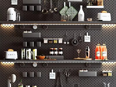 Organized Kitchenware On Black Shelves With Jars Bottles Knives Spoons Labels Against Dark Perforated Wall 3d model