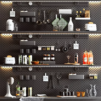 Organized Kitchenware On Black Shelves With Jars Bottles Knives Spoons Labels Against Dark Perforated Wall 3d model
