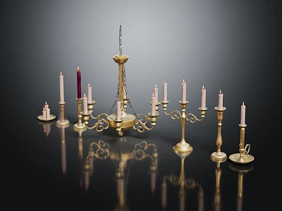 Golden Decorative Candelabra and Candlesticks as Home Furniture with Lit Candles and Dark Surface Reflections 3d model