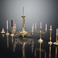 Golden Decorative Candelabra and Candlesticks as Home Furniture with Lit Candles and Dark Surface Reflections