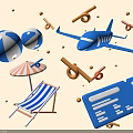 Blue Airplane with Beach Balls Beach Chair Umbrella and Boarding Pass for Summer Vacation