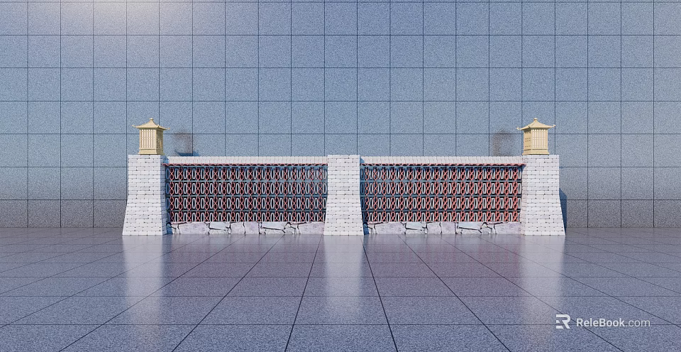 Feature Wall with White Base Red Patterned Design and Yellow Pavilions on Sides 3d model