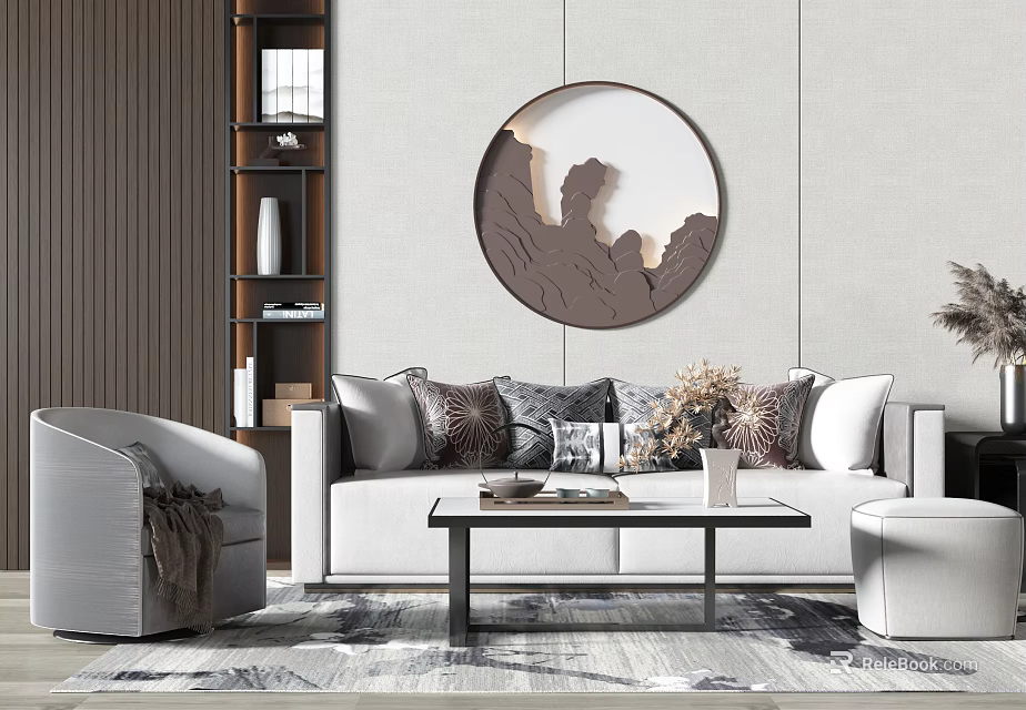 Modern Sofa and Coffee Table Set with Circular Wall Art Throw Pillows and Area Rug 3d model