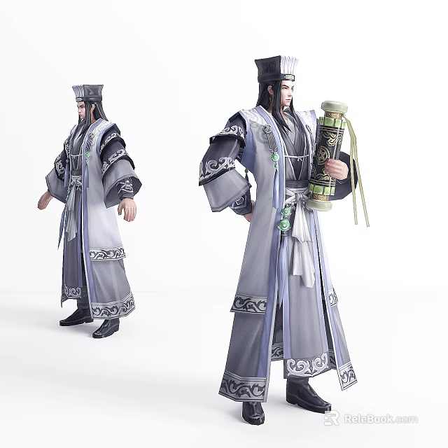 Two Ancient Chinese Characters In Traditional Robes Holding Scrolls With Different Poses 3d model 