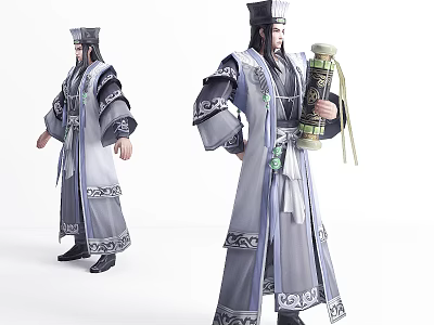 Two Ancient Chinese Characters In Traditional Robes Holding Scrolls With Different Poses 3d model