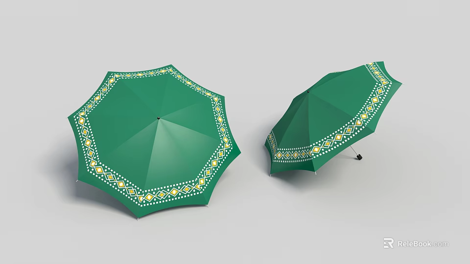 Stylish Green Umbrella With Yellow And White Decorative Patterns For Daily Use 3d model 