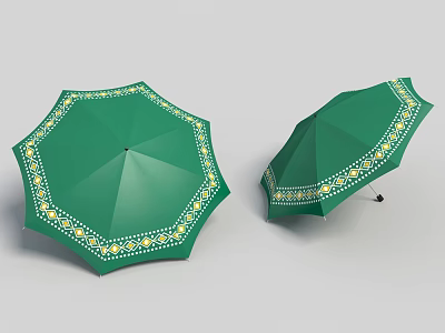 Stylish Green Umbrella With Yellow And White Decorative Patterns For Daily Use 3d model