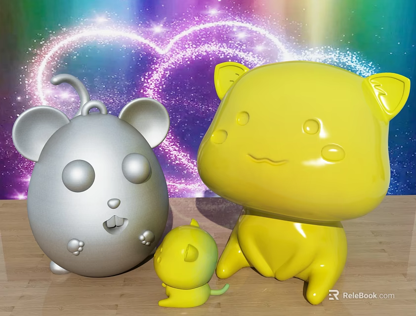 Cute Cartoon Decorative Figurine Set With Silver Mouse Yellow Cat Kitten And Rainbow Heart Background 3d model 