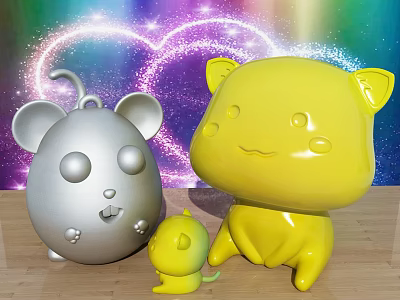 Cute Cartoon Decorative Figurine Set With Silver Mouse Yellow Cat Kitten And Rainbow Heart Background 3d model