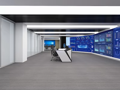 Modern Security Monitoring Room With Multiple Screens Control Console And Data Dashboards 3d model