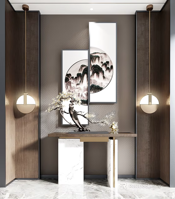 Chinese Style Console Table Interior With Mountain Painting And Pendant Lights 3d model 