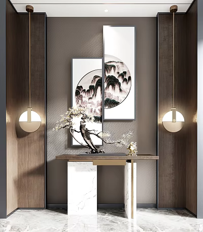 Chinese Style Console Table Interior With Mountain Painting And Pendant Lights 3d model