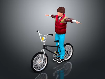 Man Standing With BMX Bike Arms Outstretched In Red Vest Plaid Shirt Blue Pants Gray 3d model