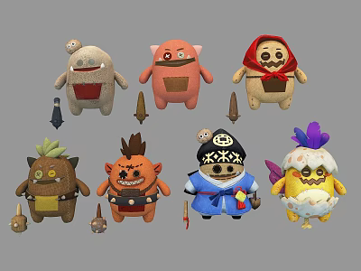 Adorable Multiple Plush Toy Characters With Diverse Hats Weapons And Expressive Faces 3d model