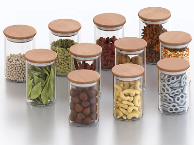Transparent Glass Spice Jars With Wooden Lids For Storing Various Food Ingredients 3d model