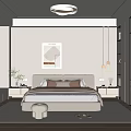 Modern Minimalist Bedroom Interior With White Bed Wall Art Nightstands Plant Hanging Lights And Wooden Floor