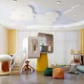 Bright Kindergarten Interior With Cloud Pendant Lights Colorful Stools Reception Desk And Green Plants