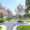 Scenic Park Landscape With Circular Pathways Lush Lawns Trees And Central Sculpture