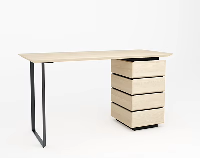 Modern Wooden Desk With Spacious Tabletop And Stacked Drawers Supported By Metal Legs 3d model