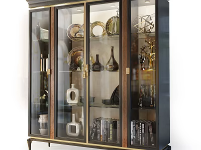 Stylish Display Cabinet With Glass Doors Showcasing Vases Plates And Books 3d model