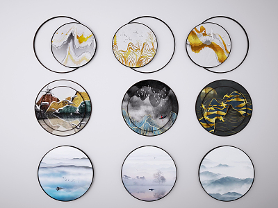 New Chinese Style Round Frame Painting Round Landscape Hanging Painting Decorative Painting 3d model