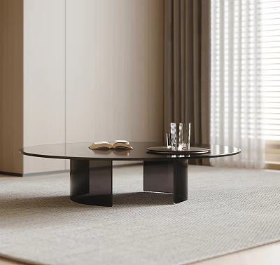 Round Black Coffee Table with Open Book Glasses Tray in Modern Living Room with Curtains 3d model
