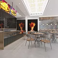 Modern Restaurant Featuring Open Kitchen Dining Tables Chairs Food Display Cabinet Pendant Lights Decorative Painting