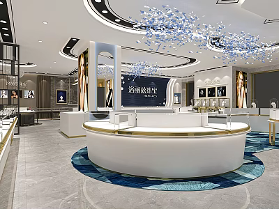 Luxury Modern Jewelry Store Interior Design With Circular Display Counter And Blue Crystal Chandeliers 3d model