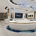 Luxury Modern Jewelry Store Interior Design With Circular Display Counter And Blue Crystal Chandeliers