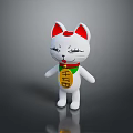 White Lucky Cat Figurine With Red Ears Green Collar And Gold Fortune Charm