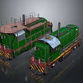 Two Vintage Green Locomotive Trains with Metal Railings and Chimneys