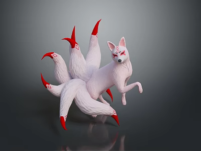 Mythical White Nine Tailed Fox With Red Claws And Tail Tips Fantasy Design 3d model