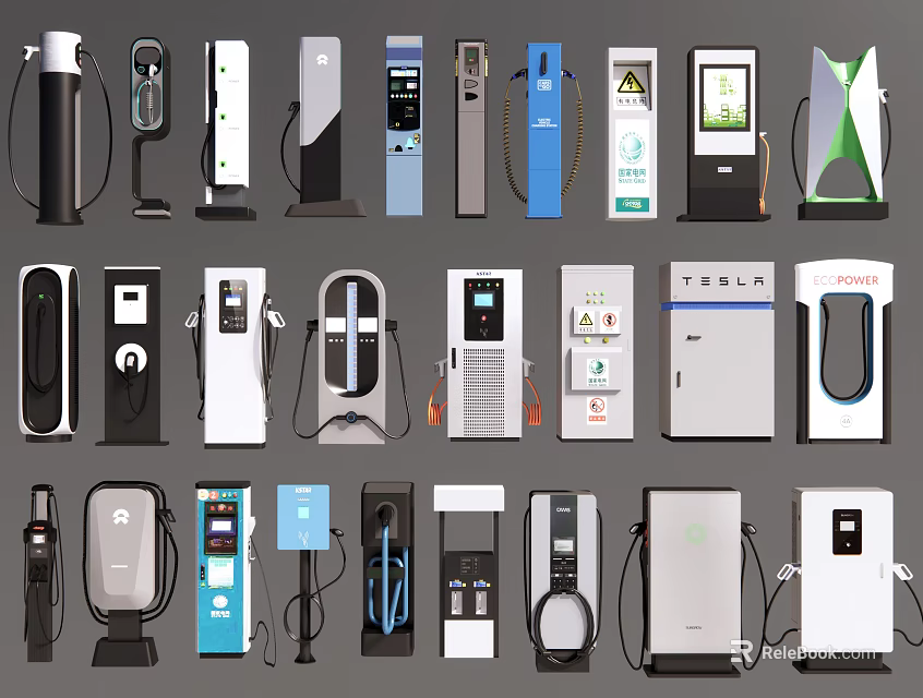 Public Electric Vehicle Charging Stations With Various Modern Designs And Different Brands 3d model 