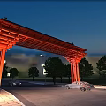 Red Traditional Entrance Gate Illuminated at Night With Trees Street Lamps and Passing Cars