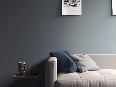 Stylish Living Room Side Table With Vase Book And Beige Sofa Blue Cushions 3d model