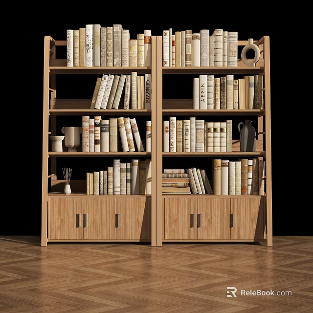 Wooden Modern Bookcase With Multiple Shelves Drawers Books And Decorative Items 3d model 