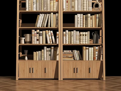 Wooden Modern Bookcase With Multiple Shelves Drawers Books And Decorative Items 3d model