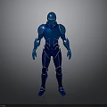 Blue Metallic Humanoid Robot in Standing Pose With White Lines and Gray Background
