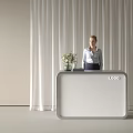 Modern Reception Desk with White Curtain Background Vase Green Flowers Black Box and LOGO