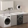 Modern Laundry Room With Two Washing Machines White Countertop Wall Cabinets And Green Plant