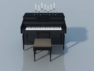 Elegant Black Piano With Candelabra And Stool In Light Blue Background 3d model