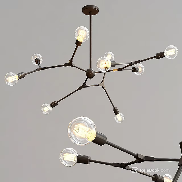 Modern Black Metal Chandelier With Multiple Branches And Clear Glass Bulbs 3d model 