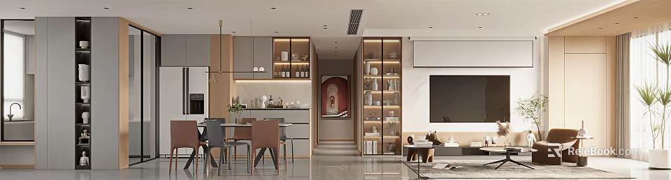 Elegant Living Dining Room Interior With Dining Table Sofa Lighting And Display Cabinets 3d model